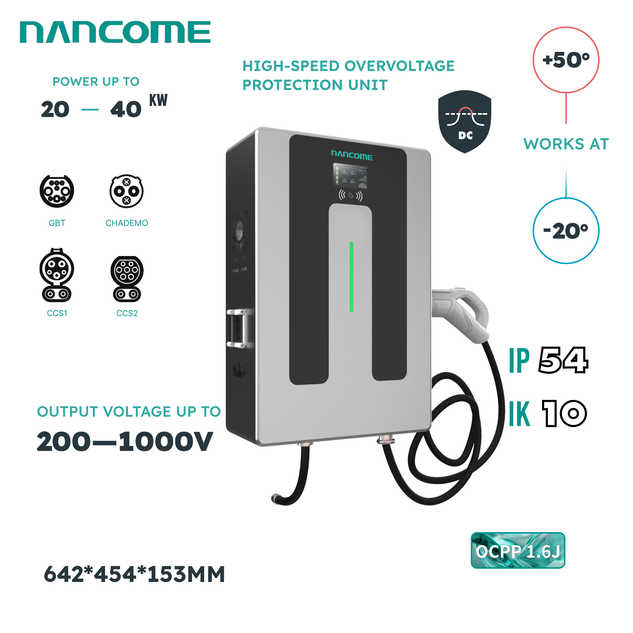 Nancome Fast 20kw/30kw/40kw DC Ocpp Wall-Mount Level 2 EV Charger Stations